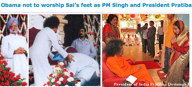 Prime Minister Manmohan Singh, President Pratibha Patil worshipping Sathya Sai Baba